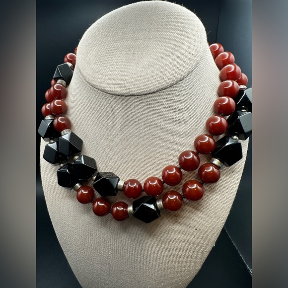 Vintage 15-11 MM ONYX & ORANGE JASPER BEAD 32" NECKLACE heavy - Picture 6 of 14